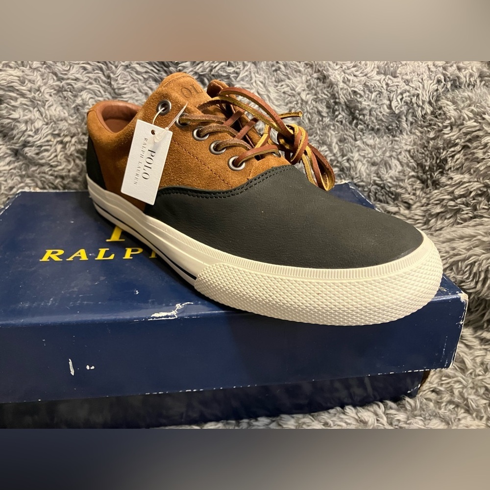 NIB Ralph Lauren Polo Vaughn Leather Men’s Saddle Sneakers Shoes Size 8.5 - Picture 6 of 13